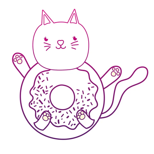 Contorno degradado kawaii feliz gato donut estilo —  Vetores de Stock