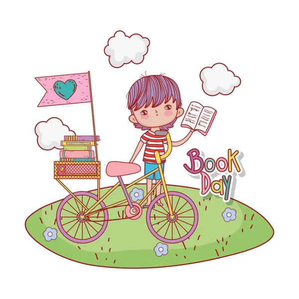 Mutlu küçük çocuk Bisiklet alanında ile kitap okuma — Stok Vektör
