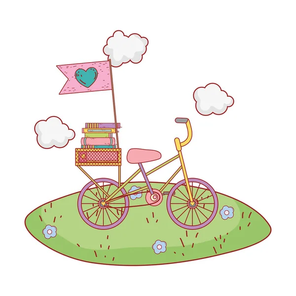 Кучи учебников на велосипеде на поле — стоковый вектор