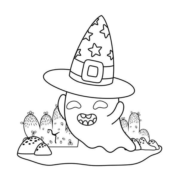Delinear personagem fantasma feliz com chapéu de bruxa — Vetor de Stock
