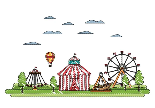 Carnaval doodle com circo e jogos de passeio mecânico —  Vetores de Stock