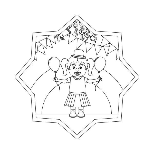 Линия клоун девушка с воздушным шаром и флаги вечеринки внутри звезды — стоковый вектор