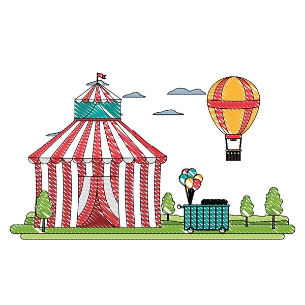 Doodle cyrku i powietrze balon z samochodów sklep — Wektor stockowy