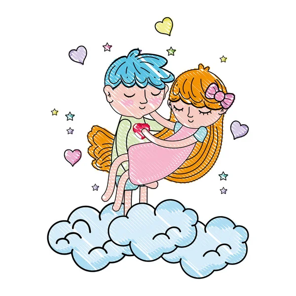 Garabateado chico llevando chica en las nubes con corazones — Vector de stock