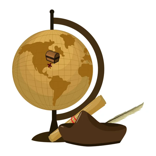 Παγκόσμιος Χάρτης γραφείο με καπέλο και περγαμηνή — Διανυσματικό Αρχείο