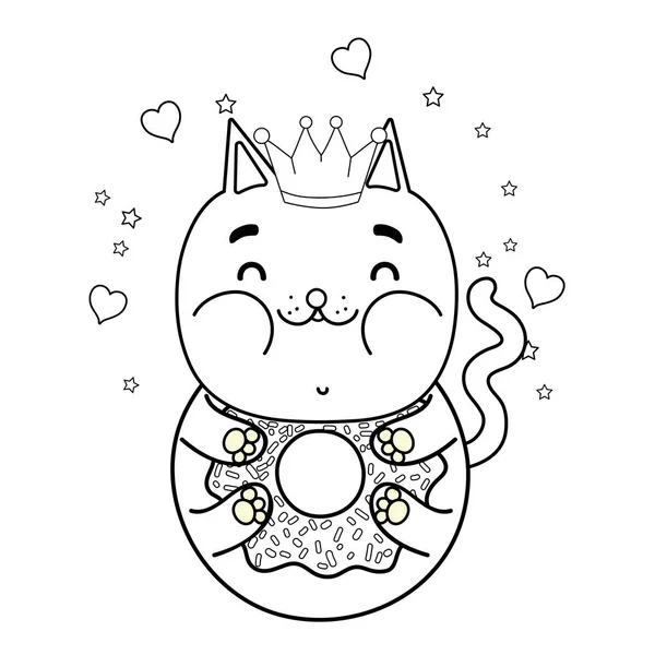可愛い面白い猫ドーナツ心と星の概要します。 — ストックベクタ