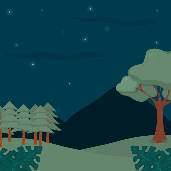 Wald Landschaft Karikatur bei Nacht — Stockvektor