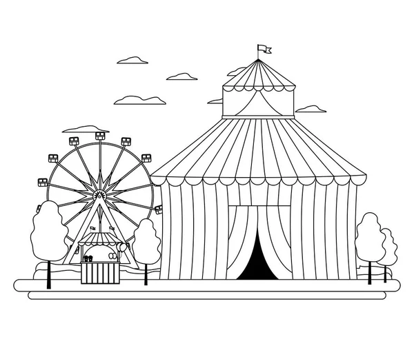 Line lustiger Zirkus mit Karnevalsladen und Spielen — Stockvektor