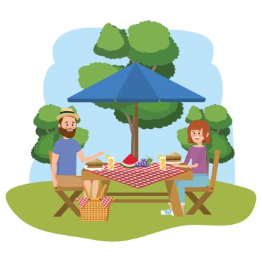 Çift ve piknik karikatür