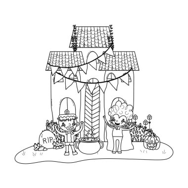 outline scary castle with children costume and pot cauldron clipart
