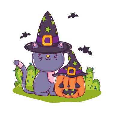 şapka ve kabak yarasalar ile şirin kedi