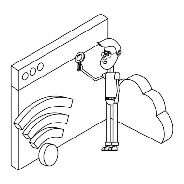 insan ve teknoloji siyah beyaz izometrik