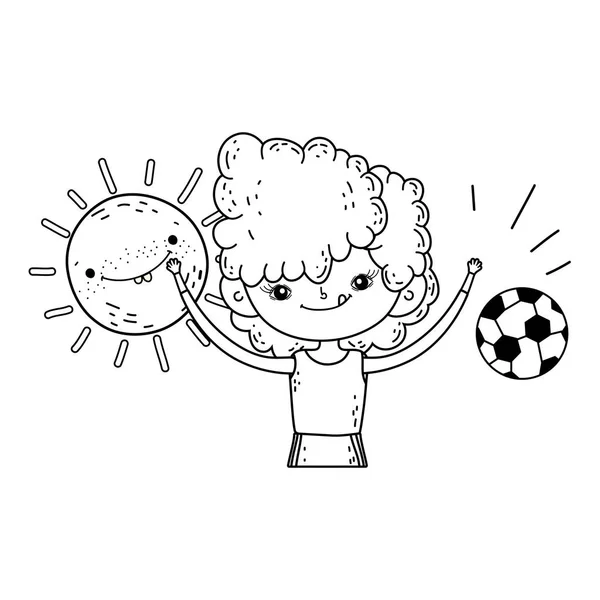 Menino feliz com balão de futebol — Vetor de Stock