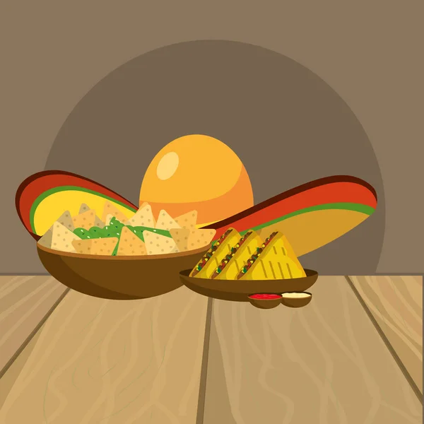 Deliciosa comida mexicana de dibujos animados en la mesa del restaurante — Vector de stock