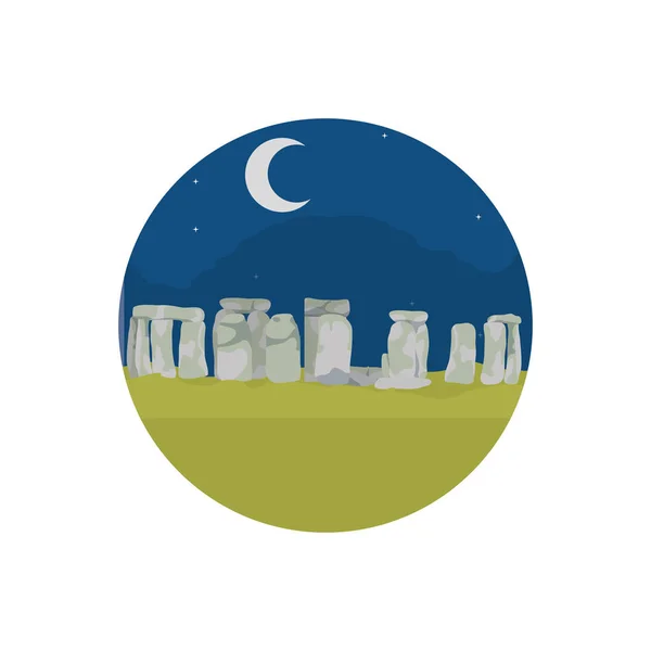 Escultura stonehenge en el paisaje nocturno con luna — Vector de stock