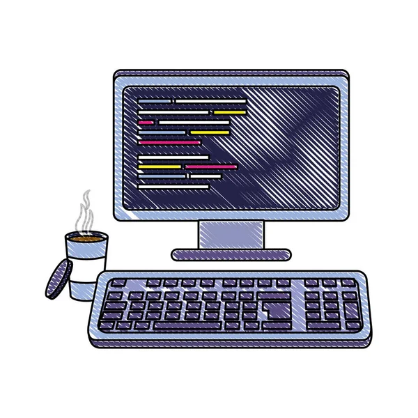 Computer grattugiato con codice di programmazione e caffè caldo — Vettoriale Stock