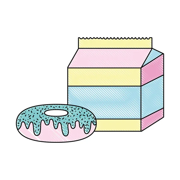 Doodle süße Donut mit Milch Box Snack — Stockvektor