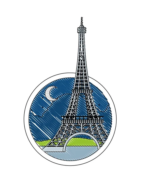 Doodle eiffel torre paris en la noche con la luna — Vector de stock