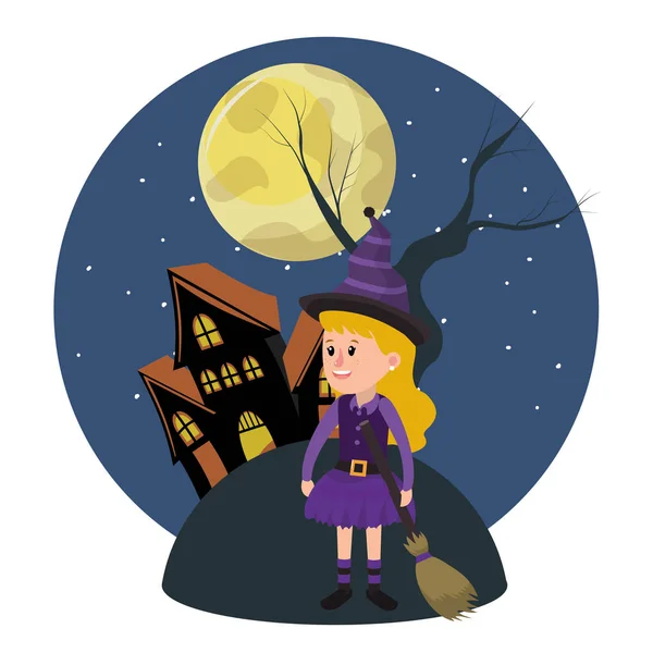 Menina com traje de bruxa e castelo de horror —  Vetores de Stock