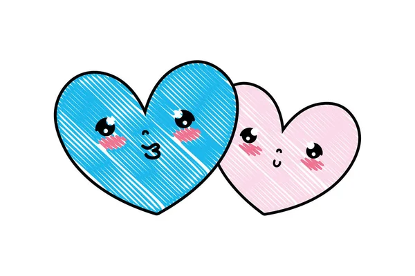 Doodle kawaii bonito corazón pareja juntos — Vector de stock