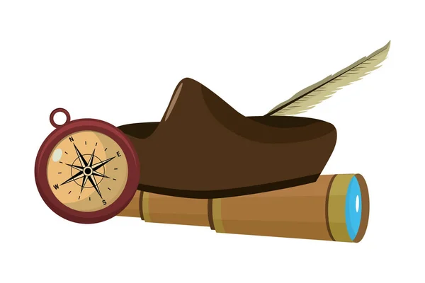 Elegancki kapelusz z narzędzia jednookularowe i kompasu — Wektor stockowy