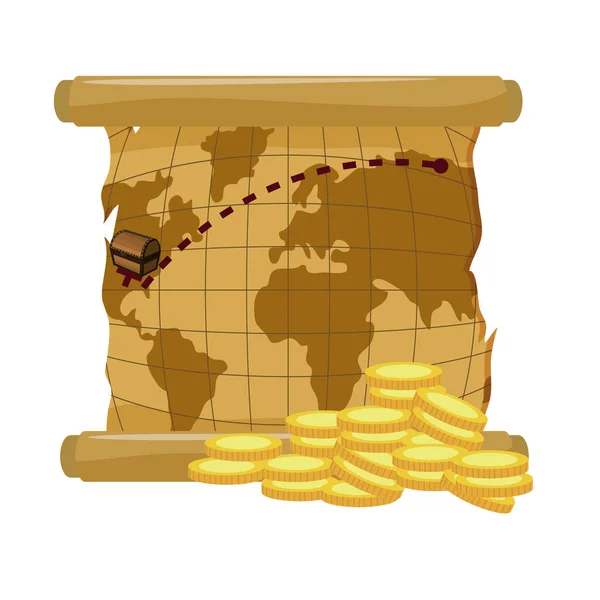 Globální mapa pergamen s zlaté mince — Stockový vektor