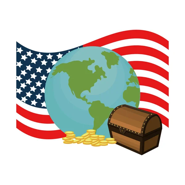 Flaga USA z mapy globalnej i klatki piersiowej z monet — Wektor stockowy