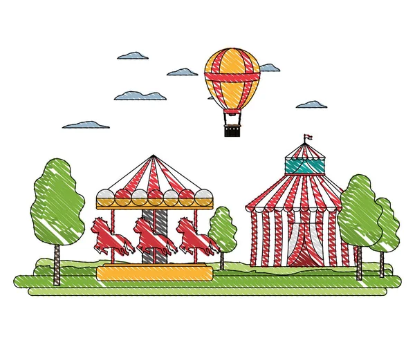 Doodle-Zirkus und mechanische Fahrt mit Luftballon — Stockvektor