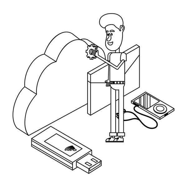 Hombre y tecnología isométrica en blanco y negro — Archivo Imágenes Vectoriales