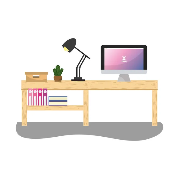 Office desk with computer and lamp with books — Stock Vector