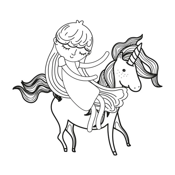 Delinear chica de belleza y unicornio con bonito peinado — Vector de stock