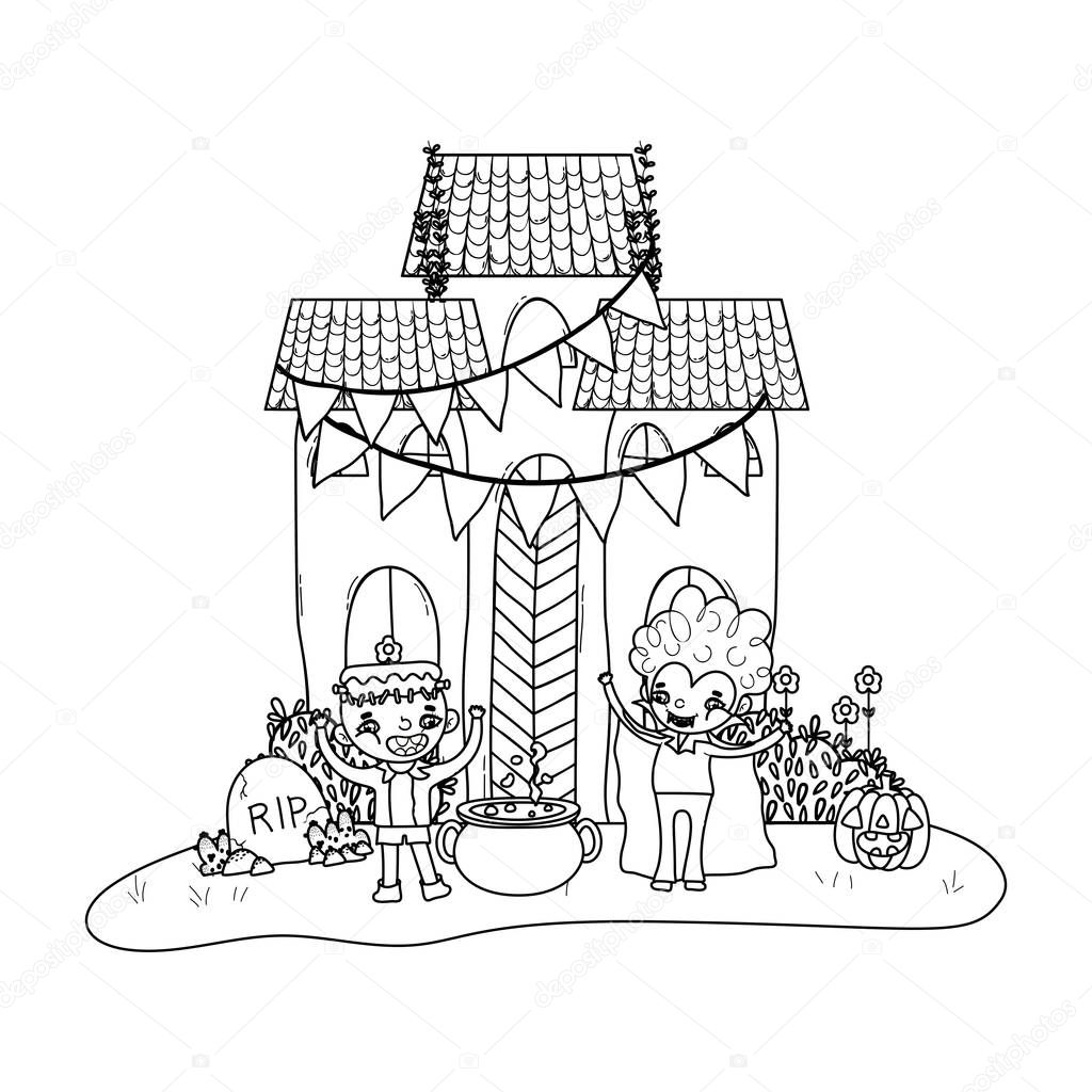 outline scary castle with children costume and pot cauldron