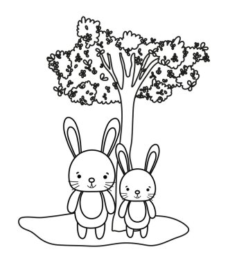 hoş bir çift tavşan hayvan ve ağaç anahat