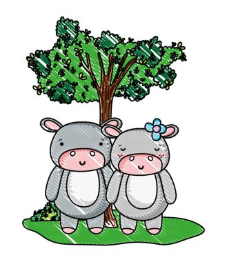 hayvan ve ağaç rendelenmiş sevimli su aygırı Çift