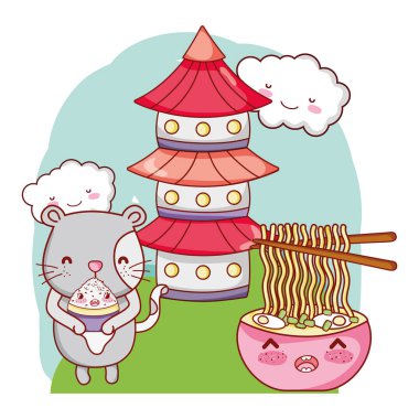 Kedi ve gıda kawaii karikatürler