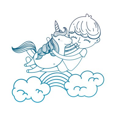 Anahat mutlu çocuk sarılma unicorn gökkuşağı ve bulutlar ile bozulmuş