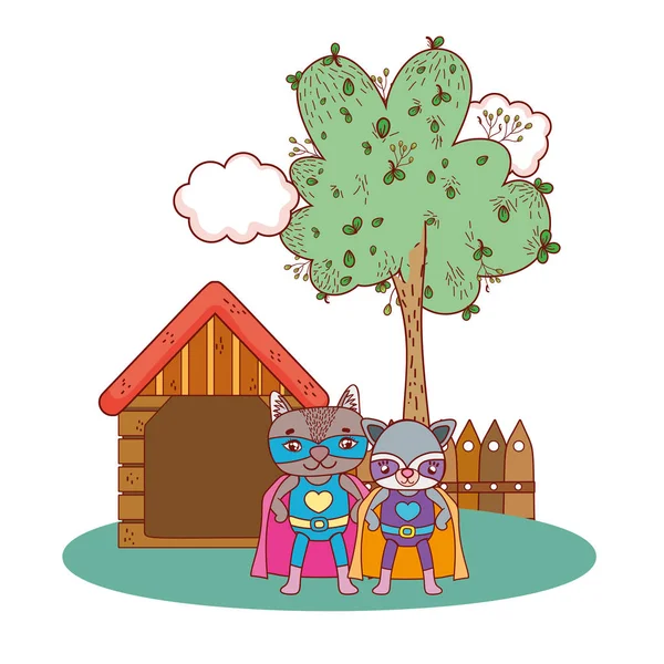 Waschbärenfreunde mit Superheldenkostüm im Bauernhaus — Stockvektor