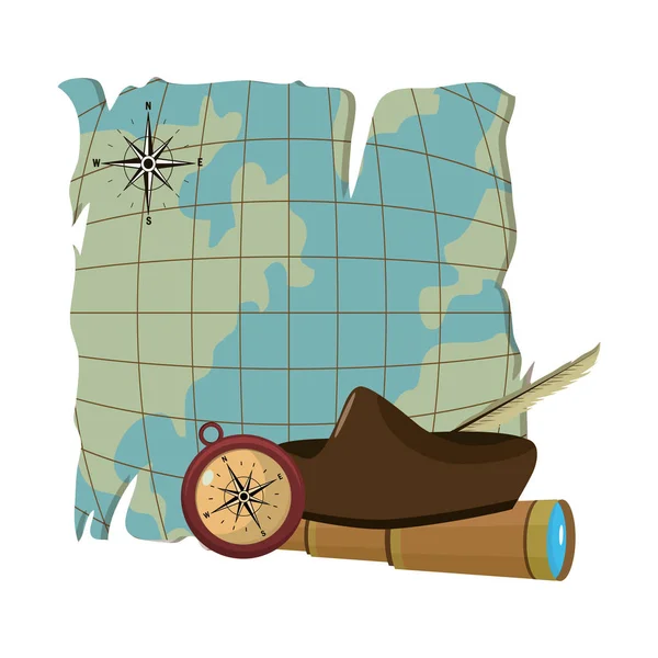 Παγκόσμιος Χάρτης με τηλεσκόπιο και πυξίδα με καπέλο — Διανυσματικό Αρχείο