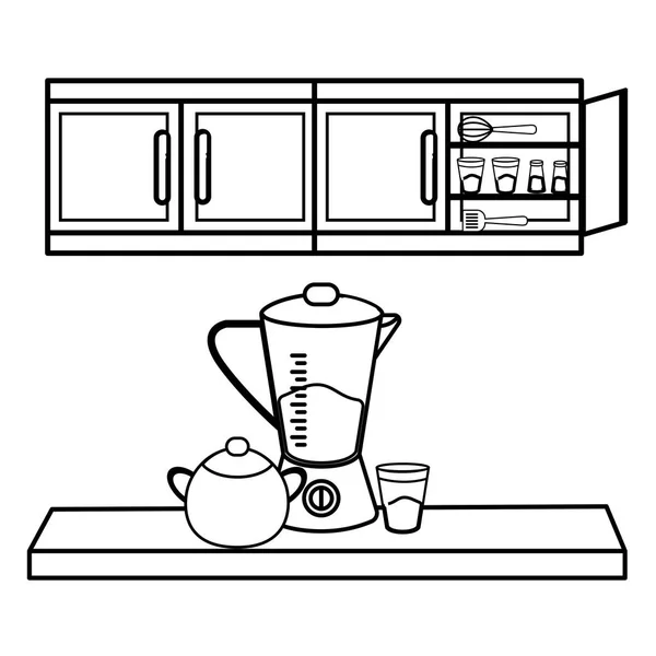 Ustensiles de cuisine mignons dessins animés en noir et blanc — Image vectorielle