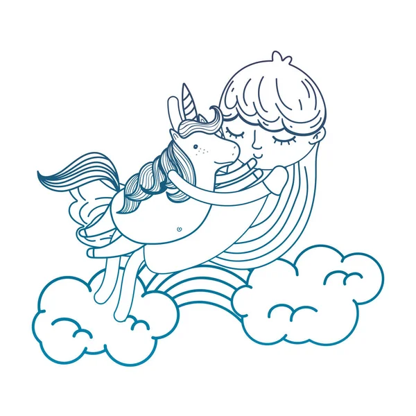 Delineamiento degradado buena chica abrazando unicornio en las nubes — Vector de stock