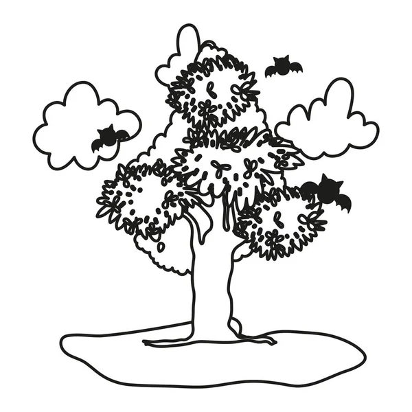 Περίγραμμα δέντρο φύλλα με μαύρα σύννεφα και νυχτερίδες — Διανυσματικό Αρχείο