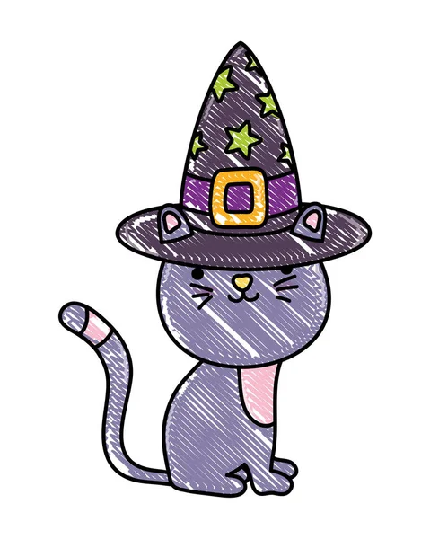 Терта щаслива кішка тварина з відьмою капелюхом — стоковий вектор