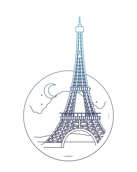 Linha degradada eiffel torre paris à noite com lua —  Vetores de Stock