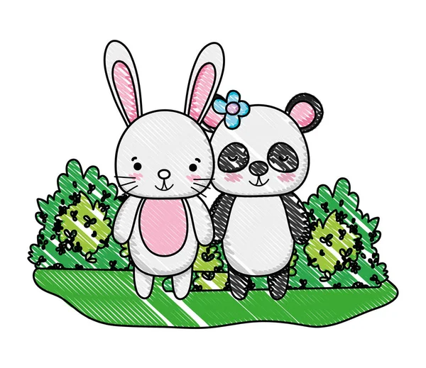 Grated rabbit and panda friends animals and bushes — Stock Vector