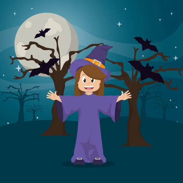 Счастливая ведьма в шляпе и дереве с летучими мышами — стоковый вектор
