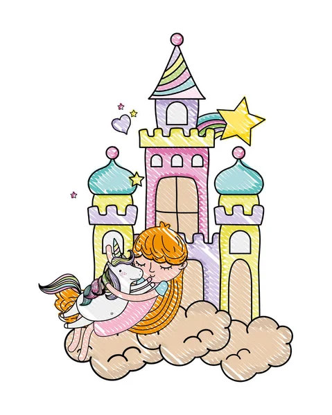 Gekritzeltes Mädchen und niedliches Einhorn in der Burg mit Wolke — Stockvektor