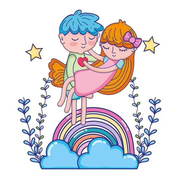 Niño llevando chica en el arco iris con nubes y ramas — Archivo Imágenes Vectoriales