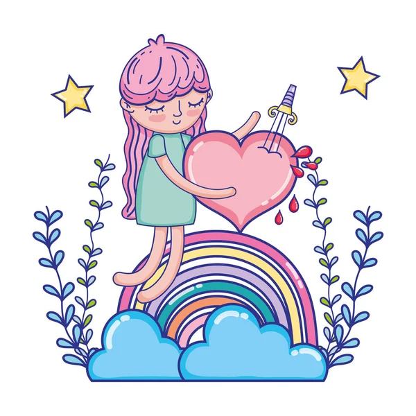Chica con corazón y nubes de arco iris con ramas — Vector de stock