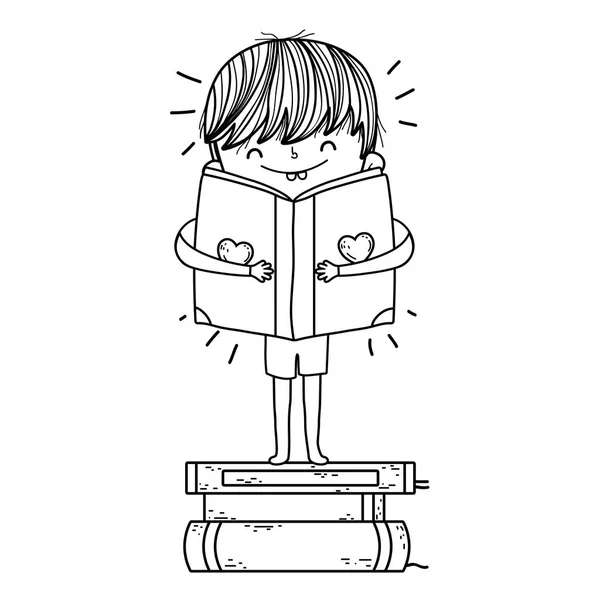 Happy little boy reading books — Stock Vector