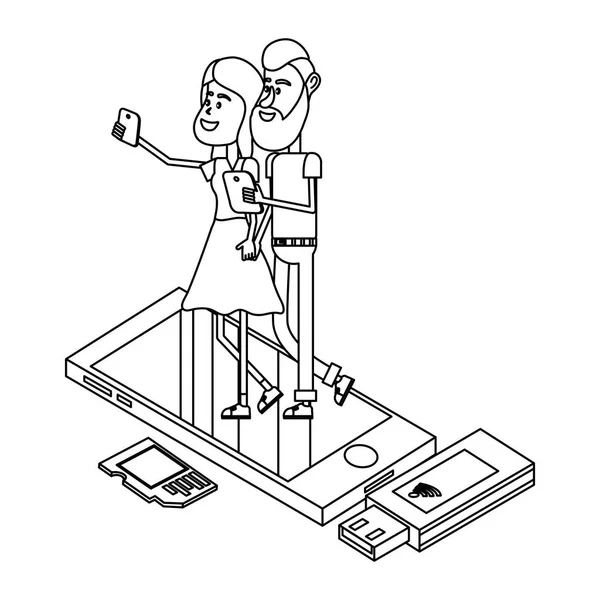 Couple et technologie isométrique en noir et blanc — Image vectorielle